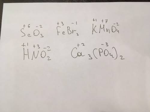 Определите степень окисления элементов в веществах: seo3, febr3, kmno4, hno2, ca3(po4)2​