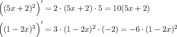 \Big ((5x+2)^2\Big )'=2\cdot (5x+2)\cdot 5=10(5x+2)\\\\\Big ((1-2x)^3\Big )'=3\cdot (1-2x)^2\cdot (-2)=-6\cdot (1-2x)^2