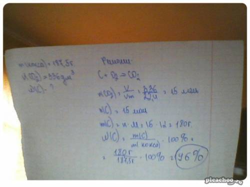 При сжигании кокса массой 187.5г образовался углекислый газ объемом 336л .вычислите массовую долю уг