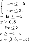 \begin{cases} -4x\leq-5;\\-6x\leq3. \end{cases}\\ -4x\leq-5\\ x\geq0,8.\\ -6x\leq3\\ x\geq-0,5.\\ x\in[0,8;+\infty)