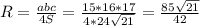 R=\frac{abc}{4S}=\frac{15*16*17}{4*24\sqrt{21}}=\frac{85\sqrt{21}}{42}