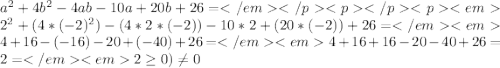 a^{2}+4b^{2}-4ab-10a+20b+26=</em</p&#10;<p </p&#10;<p<em2^{2}+(4*(-2)^{2})-(4*2*(-2))-10*2+(20*(-2))+26=</em<em4+16-(-16)-20+(-40)+26=</em<em4+16+16-20-40+26= 2=</em<em2\geq0)\neq0