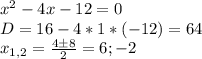 x^2-4x-12=0\\ D=16-4*1*(-12)=64\\ x_{1,2}=\frac{4\pm 8}{2}=6;-2