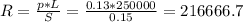 R=\frac{p*L}{S}=\frac{0.13*250000}{0.15}=216666.7