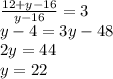 \frac{12+y-16}{y-16}=3\\y-4=3y-48\\2y=44\\y=22