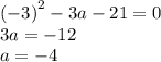 {( - 3)}^{2} - 3a - 21 = 0 \\ 3a = - 12 \\ a = - 4