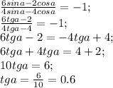 \frac{6sin a-2cos a}{4sin a-4 cos a}=-1;\\ \frac{6tg a-2}{4tg a-4}=-1;\\ 6tg a-2=-4tga+4;\\ 6tga+4tga=4+2;\\ 10tg a=6;\\ tg a=\frac{6}{10}=0.6