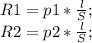 R1=p1*\frac{l}{S};\\ R2=p2*\frac{l}{S};\\