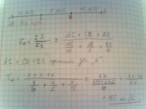 Первую треть пути автомобиль двигался со скоростью 30 м/с, вторую со скоростью 5 м/с, а последнюю со