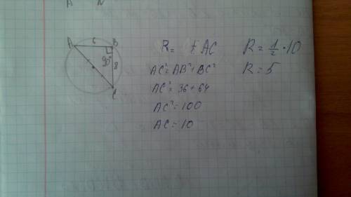 Два катета прямоугольного треугольника равны 6 и 8. чему равен радиус описанной вокруг этого треугол