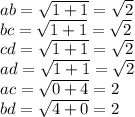 ab=\sqrt{1+1}=\sqrt2\\ bc=\sqrt{1+1}=\sqrt2\\ cd=\sqrt{1+1}=\sqrt2\\ ad=\sqrt{1+1}=\sqrt2\\ ac=\sqrt{0+4}=2\\ bd=\sqrt{4+0}=2\\