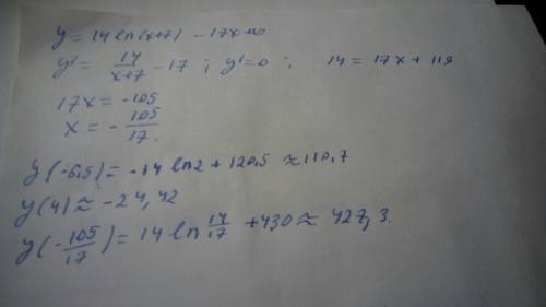 Найти наибольшее значение функции y=14ln(x+7)-17x+10 на отрезке [-6.5 ; 4]