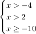 \begin{cases} x-4\\x2\\x\geq -10 \end{cases}