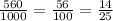 \frac{560}{1000}=\frac{56}{100}=\frac{14}{25}