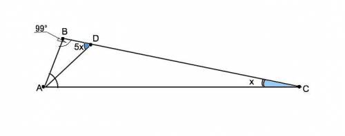 Втреугольнике abc угол в равен 99 градусов,ad-биссектриса угла а,угол с меньше угла adb в пять раз.н