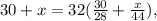 30+x = 32(\frac{30}{28}+\frac{x}{44}),