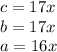 c=17x\\b=17x\\a=16x