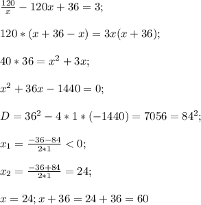 \frac{120}{x}-\fac{120}{x+36}=3;\\\\120*(x+36-x)=3x(x+36);\\\\40*36=x^2+3x;\\\\x^2+36x-1440=0;\\\\D=36^2-4*1*(-1440)=7056=84^2;\\\\x_1=\frac{-36-84}{2*1}<0;\\\\x_2=\frac{-36+84}{2*1}=24;\\\\x=24; x+36=24+36=60