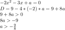 -2x^2-3x+a=0\\ D= 9-4*(-2)*a=9+8a\\ 9+8a0\\ 8a-9\\ a-\frac{9}{8}