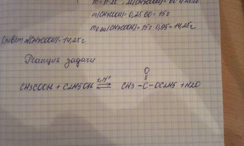 Решить : найти массу 95% паствора ch3cooh необходимой для получения 22г этилацетата