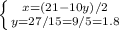\left \{ {{x=(21-10y)/2} \atop {y=27/15=9/5=1.8}} \right.