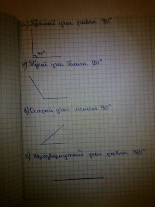 Нарисуй какой-нибудь угол : а)равный 90 гр.,б)больший 90 градусов,в)меньших 90 градусов,г) равный 18