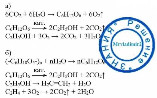 Здійснити перетворення за рівнянь реакцій: а) co2→c6h12o6→(-c6h10o5)n→c2h5oh→co2 б) (-c6h10o5-)n→c6h