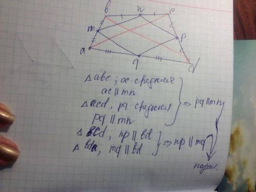 Ввыпуклом четырехугольники abcd точки m, n,p,q- середины отрезков ab bc cd ad соответственно. докажи