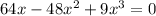 64x-48x^2+9x^3=0