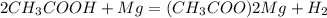 2CH_{3}COOH + Mg = (CH_{3}COO){2}Mg + H_{2}