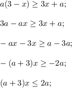 a(3-x) \geq 3x+a;\\\\3a-ax \geq 3x+a;\\\\-ax-3x \geq a-3a;\\\\-(a+3) x \geq -2a;\\\\(a+3) x \leq 2a;