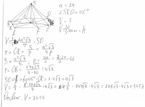 Сторона основания правильной шестиугольной пирамиды равна 24,а угол между боковой гранью и основание