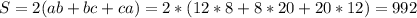 S=2(ab+bc+ca)=2*(12*8+8*20+20*12)=992