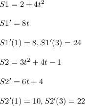 S1 = 2+4t^2\\\\ S1' = 8t\\\\ S1'(1) = 8, S1'(3) = 24\\\\ S2=3t^2+4t-1\\\\ S2' = 6t + 4\\\\ S2'(1) = 10, S2'(3) = 22