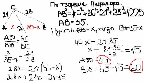 Впрямоугольном треугольнике катеты равны 21 и 28. найдите длины отрезков, на которые гипотенуза разб