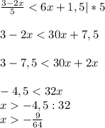 \frac{3-2x}{5}<6x+1,5 |*5 \\ \\ 3-2x<30x+7,5\\ \\ 3-7,5<30x+2x\\ \\ -4,5<32x\\ x -4,5:32\\ x-\frac{9}{64}