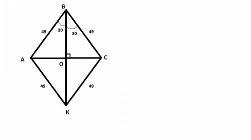 Найдите меньшую диогональ ромба стороны которого равны 49 а острый угол 60 градусов