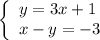 \left\{\begin{array}{l} y=3x+1 \\ x-y=-3 \end{array}