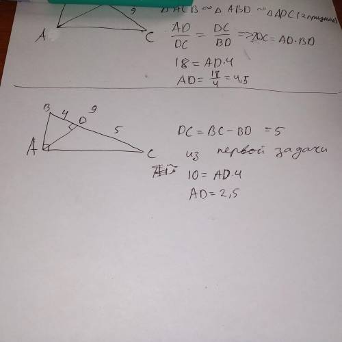 1. в прямоугольном треугольнике abc из вершины прямого угла проведена высота ad. определите длину ad