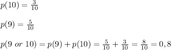 p(10) = \frac{3}{10}\\\\ p(9) = \frac{5}{10}\\\\ p(9 \ or \ 10) = p(9) + p(10) = \frac{5}{10} + \frac{3}{10} = \frac{8}{10} = 0,8