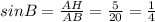 sin B=\frac{AH}{AB}=\frac{5}{20}=\frac{1}{4}