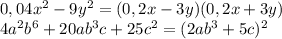 0,04x^2-9y^2=(0,2x-3y)(0,2x+3y) \\ 4a^2b^6+20ab^3c+25c^2=(2ab^3+5c)^2