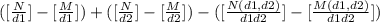 ( [\frac{N}{d1}] - [\frac{M}{d1}]) + ( [\frac{N}{d2}] - [\frac{M}{d2}]) - ( [\frac{N(d1,d2)}{d1d2}] - [\frac{M(d1,d2)}{d1d2}])