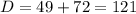 D=49+72=121