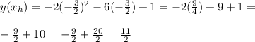 y(x_h) = -2(-\frac{3}{2})^2-6(-\frac{3}{2})+1 = -2(\frac{9}{4})+9+1 =\\\\ -\frac{9}{2}+10 = -\frac{9}{2}+\frac{20}{2}= \frac{11}{2}