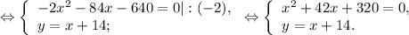 \Leftrightarrow\left \{ \begin{array}{lcl} {{-2x^{2} -84x-640=0|:(-2),} \\ {y=x+14;}} \end{array} \right.\Leftrightarrow\left \{ \begin{array}{lcl} {{x^{2} +42x+320=0,} \\ {y=x+14.}} \end{array} \right.