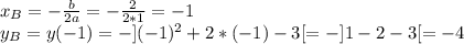x_B=-\frac{b}{2a}=-\frac{2}{2*1}=-1 \\ y_B=y(-1)=-](-1)^2+2*(-1)-3[=-]1-2-3[=-4