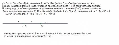 При каких значениях параметра а функция у=(5/3)ах^3-30х^2+5(а+9)х-7 возрастает на всей числовой прям