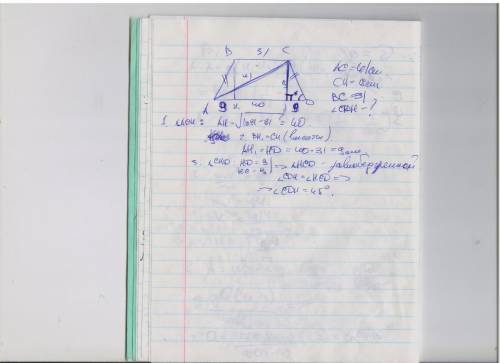 Вравнобокой трапеции диагональ =41см, h=9 см а меньшее основание =31 см.найти острый угол при основа