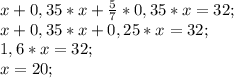 x+0,35*x+\frac{5}{7}*0,35*x=32;\\ x+0,35*x+0,25*x=32;\\ 1,6*x=32;\\ x=20;